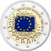 France 2 Euro 30th Anniversary of the Flag of Europe. Coloured version 2015 Proof KM# 2192 RÉPUBLIQUE FRANÇAISE 1985 - 2015 coin obverse France 2 Euro 30th Anniversary of the Flag of Europe. Coloured version 2015 Proof KM# 2192 RÉPUBLIQUE FRANÇAISE 1985 - 2015 coin obverse