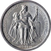 France 2 Francs French Oceania 1949 (a) KM# 3 REPUBLIQUE FRANÇAISE UNION FRANÇAISE G.B.BAZOR 1949 coin obverse France 2 Francs French Oceania 1949 (a) KM# 3 REPUBLIQUE FRANÇAISE UNION FRANÇAISE G.B.BAZOR 1949 coin obverse