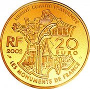 France 20 Euro Mont Saint Michel Abbey 2002 Proof KM# 1306 LIBERTÉ ÉGALITÉ FRATERNITÉ RF 20 EURO 2002 LES MONUMENTS DE FRANCE coin obverse France 20 Euro Mont Saint Michel Abbey 2002 Proof KM# 1306 LIBERTÉ ÉGALITÉ FRATERNITÉ RF 20 EURO 2002 LES MONUMENTS DE FRANCE coin obverse