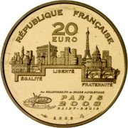 France 20 Euro IX Athletics World Championships in Paris. Shot Put 2003 Proof KM# 2000 RÉPUBLIQUE FRANÇAISE 20 EURO ÉGALITÉ LIBERTÉ FRATERNITÉ 9ES CHAMPIONNATS DU MONDE D'ATHLETISME IAAF PARIS 2003 SAINT-DENIS 2003 coin obverse