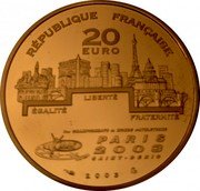 France 20 Euro IX Athletics World Championships in Paris. Running 2003 Proof KM# 1998 RÉPUBLIQUE FRANÇAISE 20 EURO ÉGALITÉ LIBERTÉ FRATERNITÉ 9ES CHAMPIONNATS DU MONDE D'ATHLETISME IAAF PARIS 2003 SAINT-DENIS 2003 coin obverse