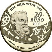 France 20 Euro Jules Verne. From the Earth to the Moon 2005 Proof KM# 2032 1828 JULES VERNE 1905 20 EURO 2005 PRÉCURSEUR DE LA SCIENCE FICTION LIBERTÉ ÉGALITÉ FRATERNITÉ coin obverse France 20 Euro Jules Verne. From the Earth to the Moon 2005 Proof KM# 2032 1828 JULES VERNE 1905 20 EURO 2005 PRÉCURSEUR DE LA SCIENCE FICTION LIBERTÉ ÉGALITÉ FRATERNITÉ coin obverse