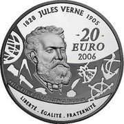 France 20 Euro Jules Verne. Journey to the Center of the Earth 2006 Proof KM# 2065 1828 JULES VERNE 1905 20 EURO 2006 PRÉCURSEUR DE LA SCIENCE FICTION LIBERTÉ ÉGALITÉ FRATERNITÉ coin reverse