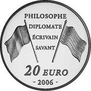 France 20 Euro Benjamin Franklin 2006 Proof KM# 1443 PHILOSOPHE DIPLOMATE ÉCRIVAIN SAVANT 20 EURO 2006 coin reverse