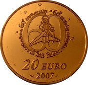 France 20 Euro The Little Prince on the Meadow 2007 Proof KM# 1468 60 CÉLÉBRATION DU 60E ANNIVERSAIRE*60TH BIRTHDAY CELEBRATION *LE PETIT PRINCE* 20 EURO 2007 coin reverse