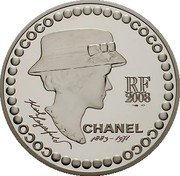 France 5 Euro 125th Anniversary of the Birth of Coco Chanel 2008 Proof KM# 1568 RF 2008 CHANEL 1883 - 1971 KARL LAGARFELD COCO COCO COCO COCO coin obverse France 5 Euro 125th Anniversary of the Birth of Coco Chanel 2008 Proof KM# 1568 RF 2008 CHANEL 1883 - 1971 KARL LAGARFELD COCO COCO COCO COCO coin obverse