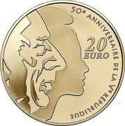 France 20 Euro The Sower. 50th Anniversary of the 5th French Republic 2008 Proof KM# 1541 50E ANNIVERSAIRE DE LA VE RÉPUBLIQUE 20 EURO coin reverse France 20 Euro The Sower. 50th Anniversary of the 5th French Republic 2008 Proof KM# 1541 50E ANNIVERSAIRE DE LA VE RÉPUBLIQUE 20 EURO coin reverse