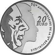 France 20 Euro 50th Anniversary of the 5th Republic 2008 Proof KM# 1540 50E ANNIVERSAIRE DE LA VE RÉPUBLIQUE 20 EURO coin reverse France 20 Euro 50th Anniversary of the 5th Republic 2008 Proof KM# 1540 50E ANNIVERSAIRE DE LA VE RÉPUBLIQUE 20 EURO coin reverse