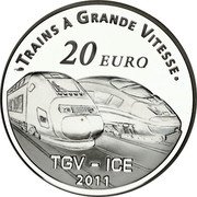 France 20 Euro Metz Railroad Station 2011 Proof KM# 1815 TRAINS À GRANDE VITESSE 20 EURO TGV - ICE 2011 coin reverse