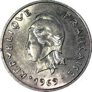 France 20 Francs French Polynesia 1969 KM# 6 RÉPUBLIQUE FRANÇAISE R. JOLY 1970 coin obverse France 20 Francs French Polynesia 1969 KM# 6 RÉPUBLIQUE FRANÇAISE R. JOLY 1970 coin obverse
