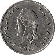 France 20 Francs French Polynesia 1972 (a) KM# 9 RÉPUBLIQUE FRANÇAISE R. JOLY I E O M 2002 coin obverse France 20 Francs French Polynesia 1972 (a) KM# 9 RÉPUBLIQUE FRANÇAISE R. JOLY I E O M 2002 coin obverse