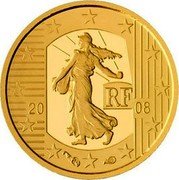 France 5 Euro The Sower. 50th Anniversary of the 5th French Republic 2008 Proof KM# 1538 RF 20 08 coin obverse France 5 Euro The Sower. 50th Anniversary of the 5th French Republic 2008 Proof KM# 1538 RF 20 08 coin obverse