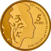 France 5 Euro The Sower. 50th Anniversary of the 5th French Republic 2008 Proof KM# 1538 50E ANNIVERSAIRE DE LA VE RÉPUBLIQUE 5 EURO coin reverse France 5 Euro The Sower. 50th Anniversary of the 5th French Republic 2008 Proof KM# 1538 50E ANNIVERSAIRE DE LA VE RÉPUBLIQUE 5 EURO coin reverse