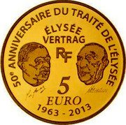 France 5 Euro 50th Anniversary of the Treaty of Elysee 2013 Proof KM# 2092 50E ANNIVERSAIRE DU TRAITÉ DE L'ÉLYSÉE ÉLYSÉE VERTRAG 5 EURO 1963 - 2013 coin obverse France 5 Euro 50th Anniversary of the Treaty of Elysee 2013 Proof KM# 2092 50E ANNIVERSAIRE DU TRAITÉ DE L'ÉLYSÉE ÉLYSÉE VERTRAG 5 EURO 1963 - 2013 coin obverse