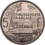 France 5 Francs French Oceania 1952 KM# 4 ETABLISSEMENTS FRANÇAIS 5 F. DE L'OCÉANIE coin reverse France 5 Francs French Oceania 1952 KM# 4 ETABLISSEMENTS FRANÇAIS 5 F. DE L'OCÉANIE coin reverse
