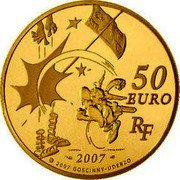 France 50 Euro Asterix Gall 2007 Proof KM# 1522 50 EURO RF 2007 © 2007 GOSCINNY-UDERZO coin obverse