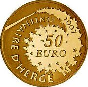 France 50 Euro 100th Anniversary of Georges Remi 2007 Proof KM# 1510 2007 CENTENAIRE D'HERGÉ 50 EURO RF coin obverse