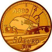France 50 Euro Europa Airplane A380 2007 Proof KM# 1481 A380 AIRBUS A380 50 EURO RF N W coin obverse