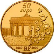 France 50 Euro 20th Anniversary of the Fall of the Berlin Wall 2009 P Proof KM# 1592 50 EURO 1989 RF 2009 coin obverse France 50 Euro 20th Anniversary of the Fall of the Berlin Wall 2009 P Proof KM# 1592 50 EURO 1989 RF 2009 coin obverse