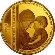 France 50 Euro 100th Anniversary of the Birth of the Mother Teresa 2010 Proof KM# 1694 RF MÈRE TERESA CHEZ NOUS, IL Y A TOUJOURS UN LIT PRÊT POUR UN ENFANT DE PLUS coin obverse France 50 Euro 100th Anniversary of the Birth of the Mother Teresa 2010 Proof KM# 1694 RF MÈRE TERESA CHEZ NOUS, IL Y A TOUJOURS UN LIT PRÊT POUR UN ENFANT DE PLUS coin obverse