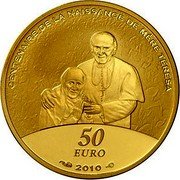 France 50 Euro 100th Anniversary of the Birth of the Mother Teresa 2010 Proof KM# 1694 CENTENAIRE DE LA NAISSANCE DE MÈRE TERESA 50 EURO 2010 coin reverse France 50 Euro 100th Anniversary of the Birth of the Mother Teresa 2010 Proof KM# 1694 CENTENAIRE DE LA NAISSANCE DE MÈRE TERESA 50 EURO 2010 coin reverse
