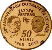 France 50 Euro 50th Anniversary of the Treaty of Elysee 2013 Proof KM# 2093 50E ANNIVERSAIRE DU TRAITÉ DE L'ÉLYSÉE ÉLYSÉE VERTRAG 50 EURO 1963 - 2013 coin obverse France 50 Euro 50th Anniversary of the Treaty of Elysee 2013 Proof KM# 2093 50E ANNIVERSAIRE DU TRAITÉ DE L'ÉLYSÉE ÉLYSÉE VERTRAG 50 EURO 1963 - 2013 coin obverse