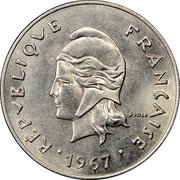 France 50 Francs French Polynesia 1967 (a) KM# 7 RÉPUBLIQUE FRANÇAISE R. JOLY 1967 coin obverse France 50 Francs French Polynesia 1967 (a) KM# 7 RÉPUBLIQUE FRANÇAISE R. JOLY 1967 coin obverse