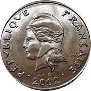 France 50 Francs French Polynesia 2002 (a) KM# 13 REPUBLIQUE FRANÇAISE R. JOLY I E O M 1995 coin obverse