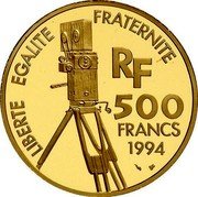 France 500 Francs Lumiere Brothers 1994 Proof KM# 1074 LIBERTE EGALITE FRATERNITE RF 500 FRANCS 1994 coin obverse France 500 Francs Lumiere Brothers 1994 Proof KM# 1074 LIBERTE EGALITE FRATERNITE RF 500 FRANCS 1994 coin obverse