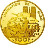 France 500 Francs 50th Anniversary of the Liberation of Paris 1994 Proof KM# 1057 LIBÉRATION DE PARIS RF 1994 500F ROMILLY coin obverse France 500 Francs 50th Anniversary of the Liberation of Paris 1994 Proof KM# 1057 LIBÉRATION DE PARIS RF 1994 500F ROMILLY coin obverse