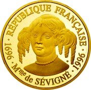 France 500 Francs 300th Anniversary of the Death of Mme de Sevigne 1996 Proof KM# 1139 REPUBLIQUE FRANCAISE 1696 MME SEVIGNE 1996 coin obverse France 500 Francs 300th Anniversary of the Death of Mme de Sevigne 1996 Proof KM# 1139 REPUBLIQUE FRANCAISE 1696 MME SEVIGNE 1996 coin obverse