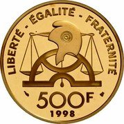 France 500 Francs Marquis de Condorcet 1998 Proof KM# 1202 LIBERTE EGALITE FRATERNITE 500F 1998 coin reverse