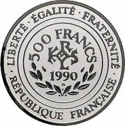 France 500 Francs-70 ECUS Charlemagne 1990 Proof KM# 990a LIBERTÉ ÉGALITÉ FRATERNITÉ 500 FRANCS 1990 PT. RÉPUBLIQUE FRANÇAISE coin obverse