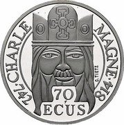France 500 Francs-70 ECUS Charlemagne 1990 Proof KM# 990a CHARLE MAGNE C. TIETZ 70 ECUS 742 814 coin reverse
