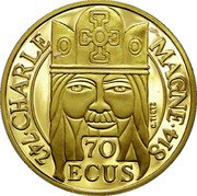 France 500 Francs-70 ECUS Charlemagne 1990 Proof KM# 990 CHARLE MAGNE C. TIETZ 70 ECUS 742 814 coin reverse