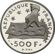 France 500 Francs-70 ECUS Descartes 1991 Proof KM# 1003a REPUBLIQUE FRANCAISE 500 F A. GAL coin obverse France 500 Francs-70 ECUS Descartes 1991 Proof KM# 1003a REPUBLIQUE FRANCAISE 500 F A. GAL coin obverse