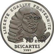 France 500 Francs-70 ECUS Descartes 1991 Proof KM# 1003a LIBERTE EGALITE FRATERNITE 70 ECUS DESCARTES 1991 coin reverse France 500 Francs-70 ECUS Descartes 1991 Proof KM# 1003a LIBERTE EGALITE FRATERNITE 70 ECUS DESCARTES 1991 coin reverse