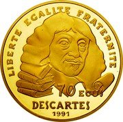 France 500 Francs-70 ECUS Descartes 1991 Proof KM# 1003 REPUBLIQUE FRANCAISE 500 FRANCS coin reverse France 500 Francs-70 ECUS Descartes 1991 Proof KM# 1003 REPUBLIQUE FRANCAISE 500 FRANCS coin reverse