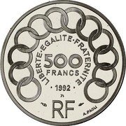 France 500 Francs-70 ECUS Jean Monet 1992 Proof KM# 1013a LIBERTE EGALITE FRATERNITE 500 FRANCS 1992 RF coin obverse