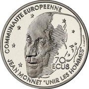 France 500 Francs-70 ECUS Jean Monet 1992 Proof KM# 1013a COMMUNAUTE EUROPEENNE 70 ECUS JEAN MONNET 'UNIR LES HOMMES' coin reverse