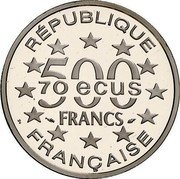 France 500 Francs-70 ECUS Brandenburg Gate 1993 Proof KM# 1035a RÉPUBLIQUE 500 FRANCS 70 ECUS FRANÇAISE coin obverse France 500 Francs-70 ECUS Brandenburg Gate 1993 Proof KM# 1035a RÉPUBLIQUE 500 FRANCS 70 ECUS FRANÇAISE coin obverse