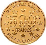 France 500 Francs-70 ECUS Brandenburg Gate 1993 Proof KM# 1035 RÉPUBLIQUE 500 FRANCS 70 ECUS FRANÇAISE coin obverse France 500 Francs-70 ECUS Brandenburg Gate 1993 Proof KM# 1035 RÉPUBLIQUE 500 FRANCS 70 ECUS FRANÇAISE coin obverse