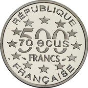 France 500 Francs-70 ECUS Arc de Triumph 1993 Proof KM# 1034a RÉPUBLIQUE 500 FRANCS 70 ECUS FRANÇAISE coin obverse France 500 Francs-70 ECUS Arc de Triumph 1993 Proof KM# 1034a RÉPUBLIQUE 500 FRANCS 70 ECUS FRANÇAISE coin obverse