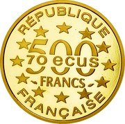 France 500 Francs-70 ECUS Arc de Triumph 1993 Proof KM# 1034 RÉPUBLIQUE 500 FRANCS 70 ECUS FRANÇAISE coin obverse France 500 Francs-70 ECUS Arc de Triumph 1993 Proof KM# 1034 RÉPUBLIQUE 500 FRANCS 70 ECUS FRANÇAISE coin obverse