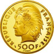 France 500 Francs-70 ECUS Mediterranean Games 1993 Proof KM# 1033 RÉPUBLIQUE FRANÇAISE 500 F JP.GENDIS coin obverse France 500 Francs-70 ECUS Mediterranean Games 1993 Proof KM# 1033 RÉPUBLIQUE FRANÇAISE 500 F JP.GENDIS coin obverse