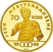 France 500 Francs-70 ECUS Mediterranean Games 1993 Proof KM# 1033 JEUX MÉDITERRANÉENS 70 ECUS 19 93 JP.G coin reverse France 500 Francs-70 ECUS Mediterranean Games 1993 Proof KM# 1033 JEUX MÉDITERRANÉENS 70 ECUS 19 93 JP.G coin reverse