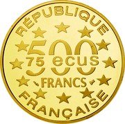 France 500 Francs-75 ECUS The Parthenon. Athens 1995 Proof KM# 1115 REPUBLIQUE 75 ECUS 500 FRANCS FRANCAISE coin obverse France 500 Francs-75 ECUS The Parthenon. Athens 1995 Proof KM# 1115 REPUBLIQUE 75 ECUS 500 FRANCS FRANCAISE coin obverse