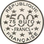 France 500 Francs-75 Euro Grand Place. Bruxelles 1996 Proof KM# 1143a RÉPUBLIQUE 500 FRANCS 75 EURO FRANÇAISE coin obverse France 500 Francs-75 Euro Grand Place. Bruxelles 1996 Proof KM# 1143a RÉPUBLIQUE 500 FRANCS 75 EURO FRANÇAISE coin obverse