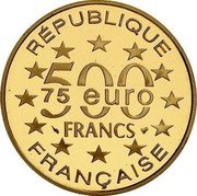 France 500 Francs-75 Euro Magere Brug. Amsterdam 1996 Proof KM# 1157 RÉPUBLIQUE 500 FRANCS 75 EURO FRANÇAISE coin obverse France 500 Francs-75 Euro Magere Brug. Amsterdam 1996 Proof KM# 1157 RÉPUBLIQUE 500 FRANCS 75 EURO FRANÇAISE coin obverse