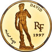 France 500 Francs-75 Euro Michelangelo. David 1997 Proof KM# 1151 DAVID RF 1997 MICHEL ANGE coin obverse France 500 Francs-75 Euro Michelangelo. David 1997 Proof KM# 1151 DAVID RF 1997 MICHEL ANGE coin obverse